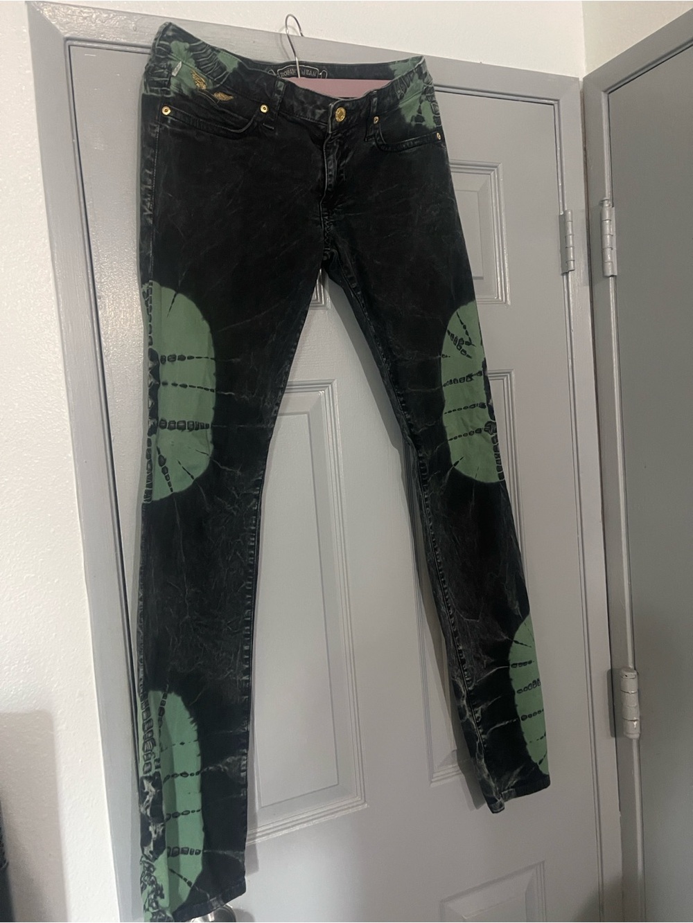 Robin's Jean Black Bootcut Jeans with Green Graphic Circles